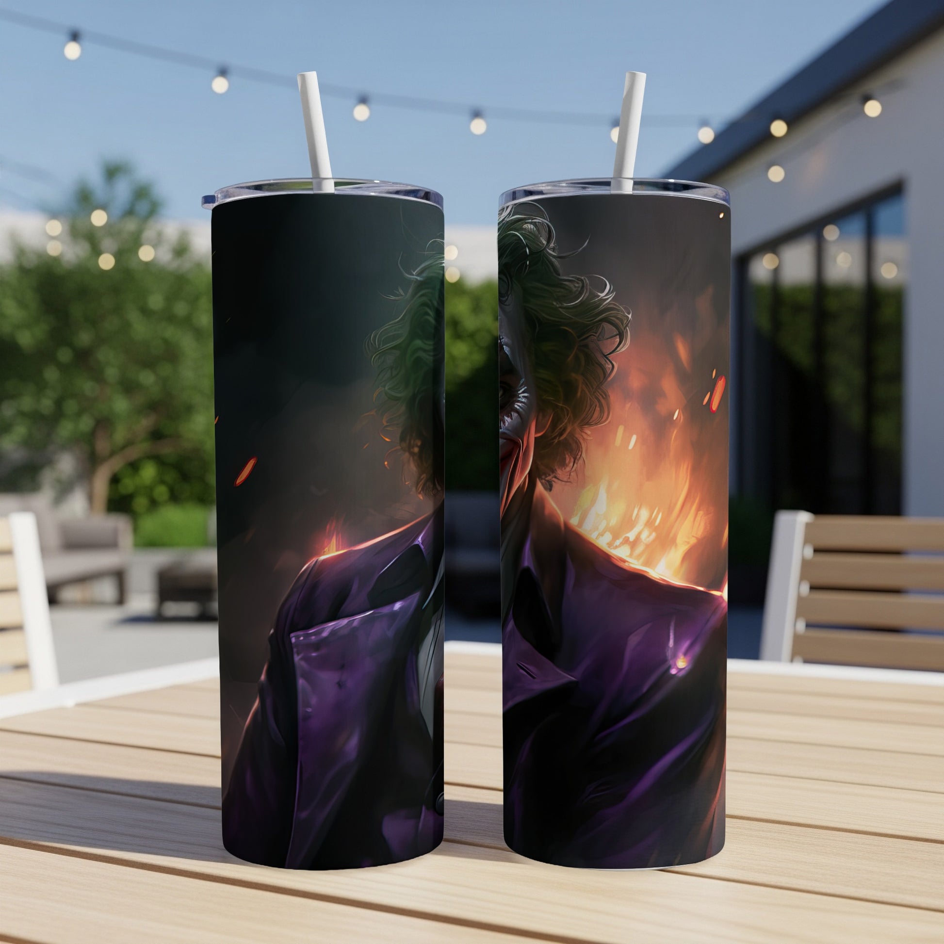 Two tumblers featuring the Joker with flames in the background.