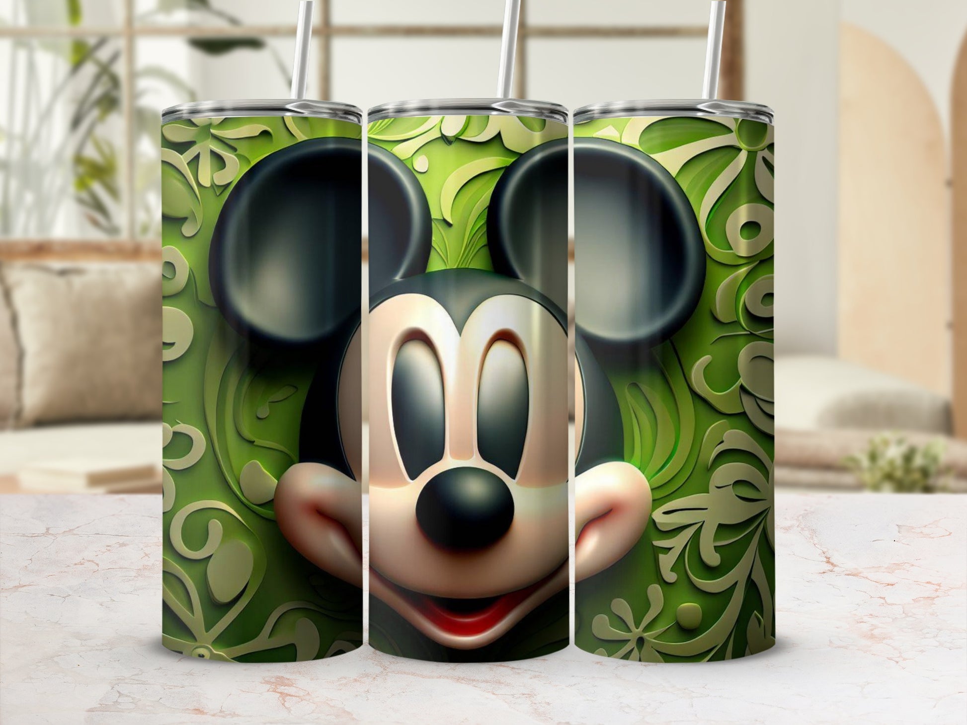 Green Mickey Mouse Floral Design Tumbler Product