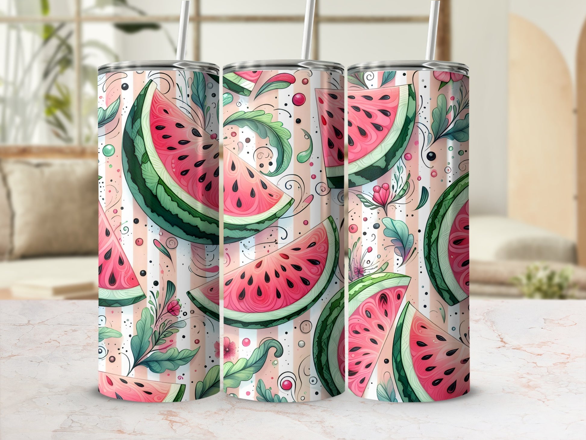 Three tumblers with a pink and green watermelon slice and leaf pattern.
