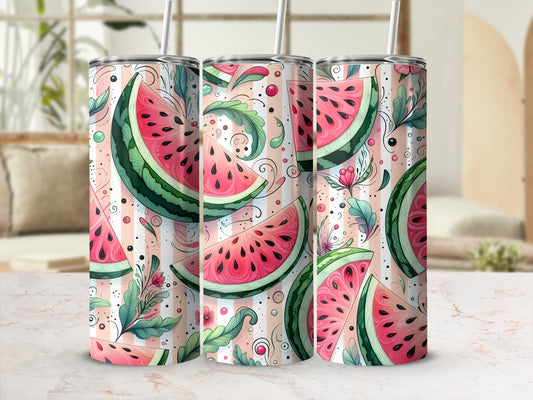Three tumblers with a pink and green watermelon slice and leaf pattern.