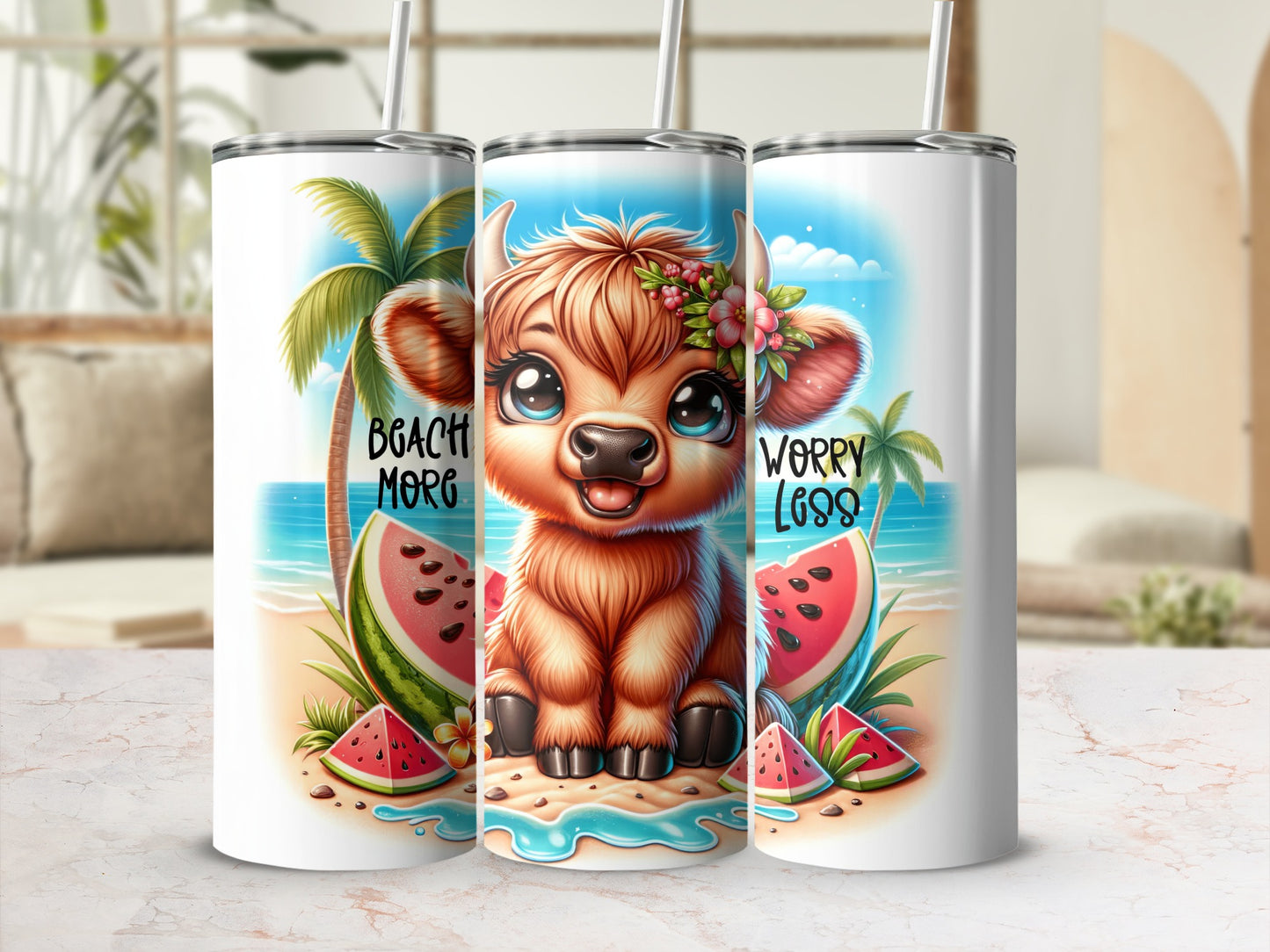 Beach vibes cow with watermelon slices and palm trees.