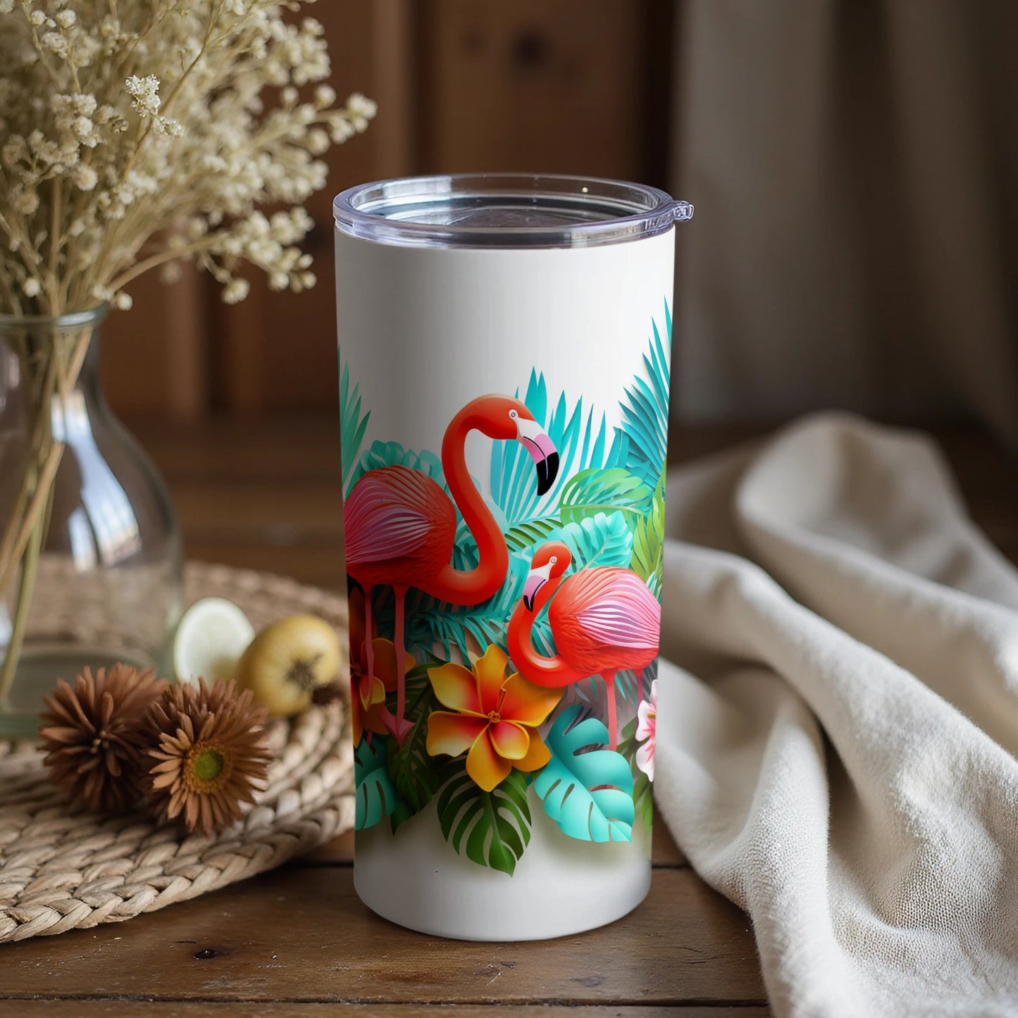 Tropical Flamingo Design Tumbler with Lid