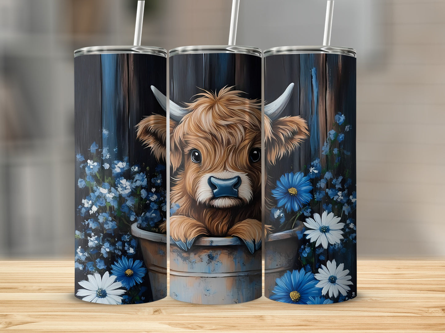 Cute Cow and Blue Flowers Tumbler Cup with Straw