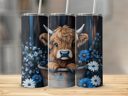 Cute Cow and Blue Flowers Tumbler Cup with Straw