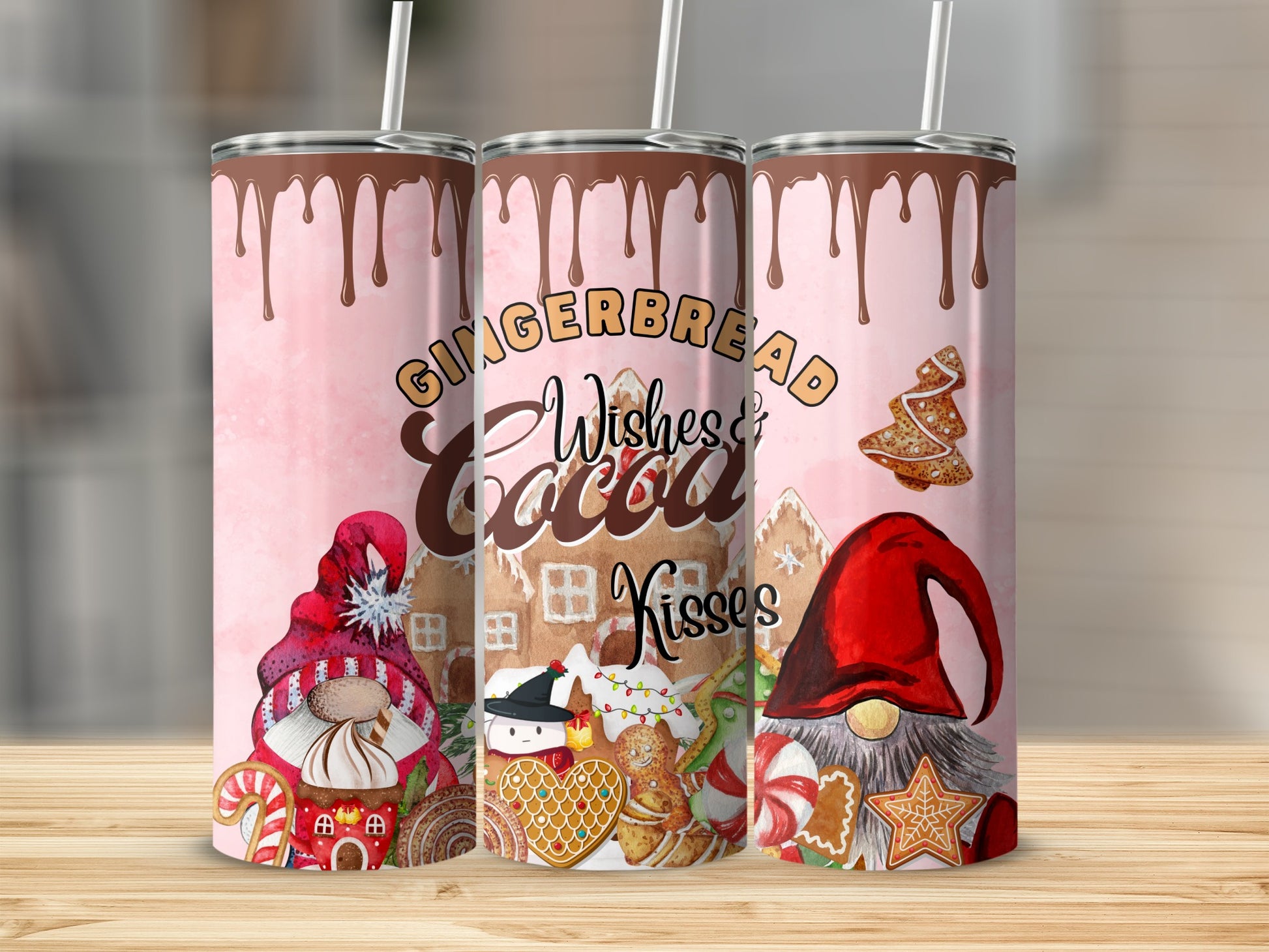 Three gingerbread-themed tumblers with gnomes, cookies, and "Gingerbread Wishes & Cocoa Kisses" text.