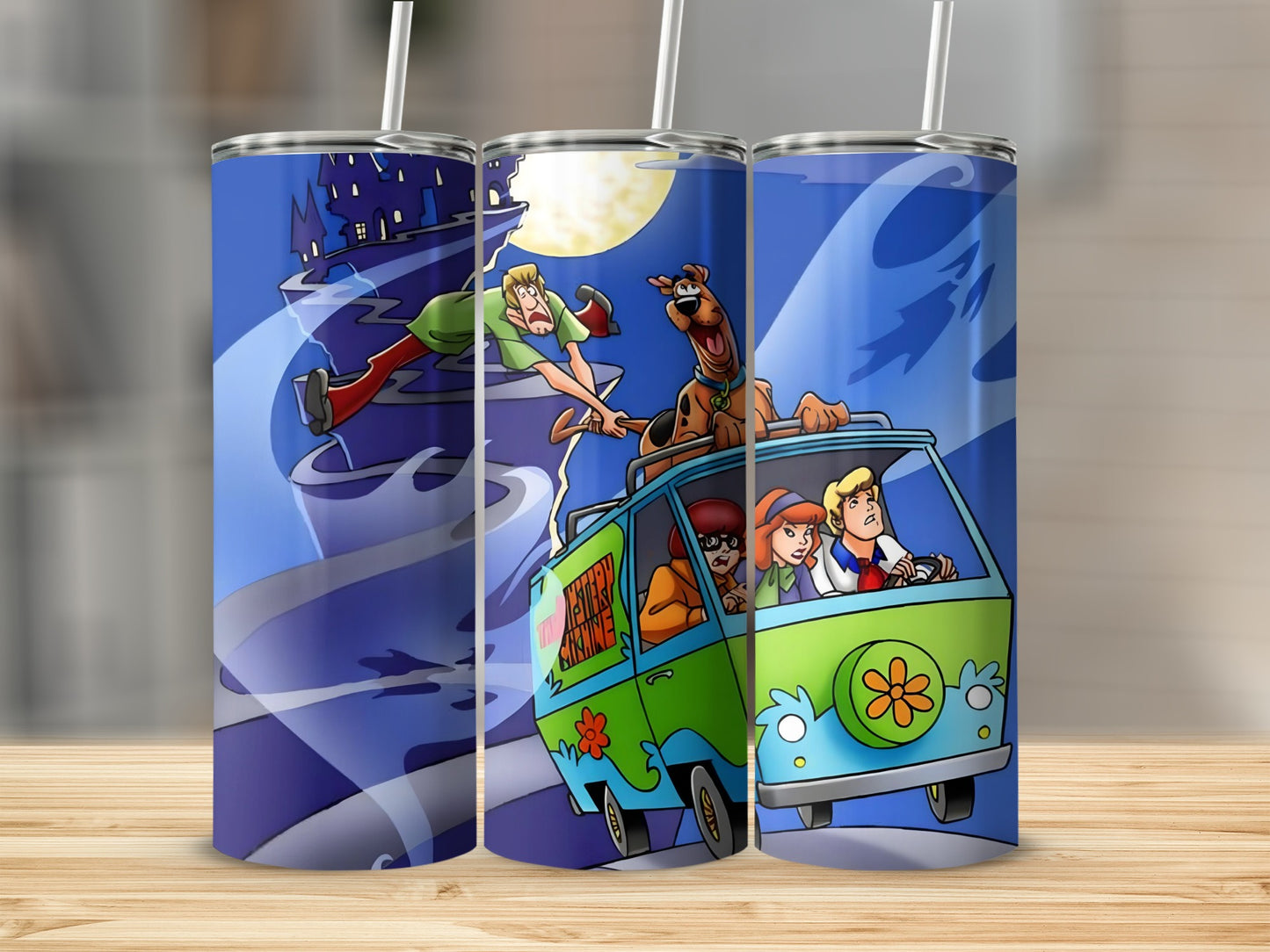 Scooby-Doo characters in Mystery Machine with purple swirling background.