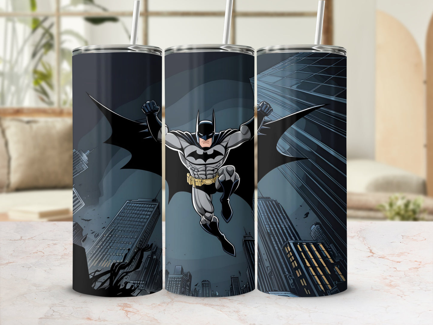 Batman in action against a city skyline on a tall tumbler.