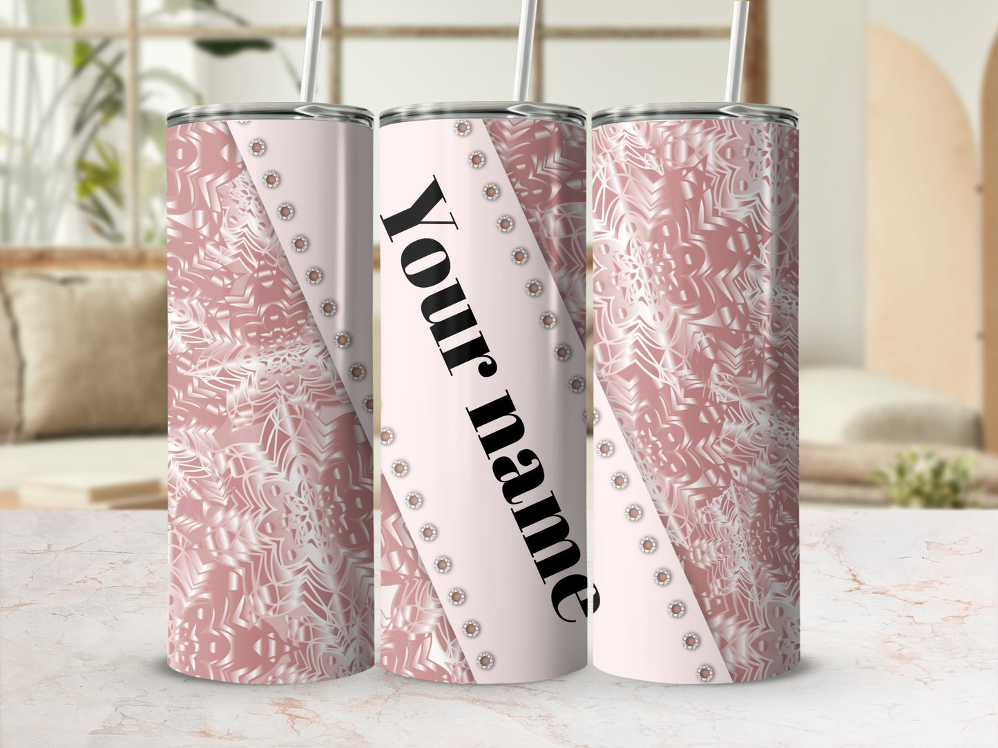 Personalized Pink Snowflake Custom Tumbler with Straw