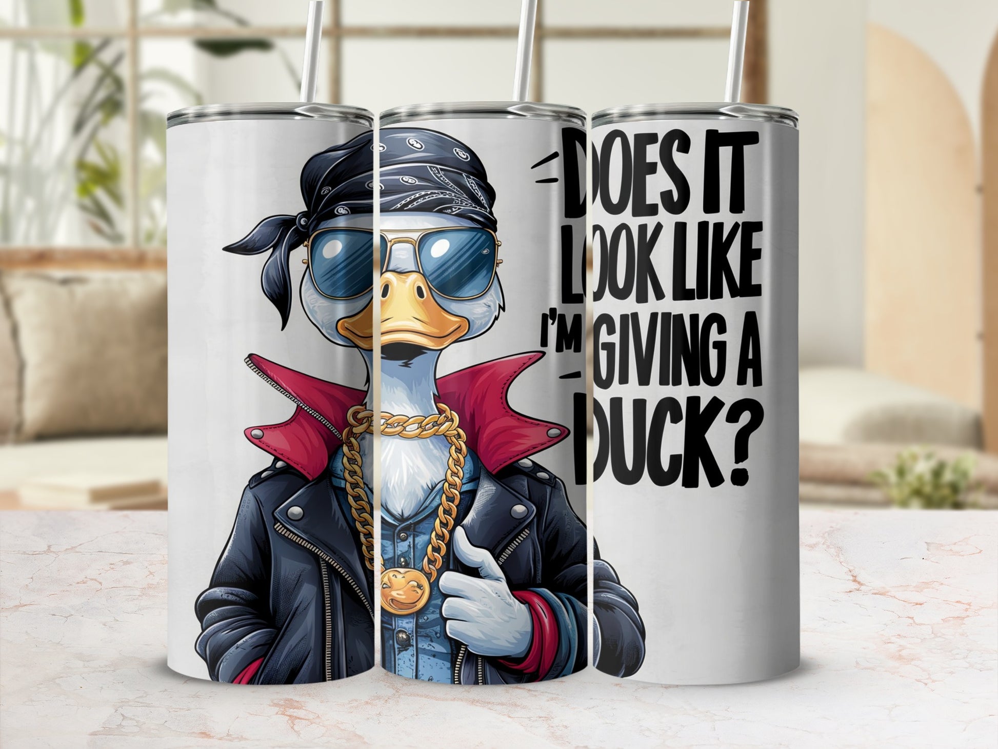 Cartoon duck in leather jacket, bandana, sunglasses, and gold chain, with text.