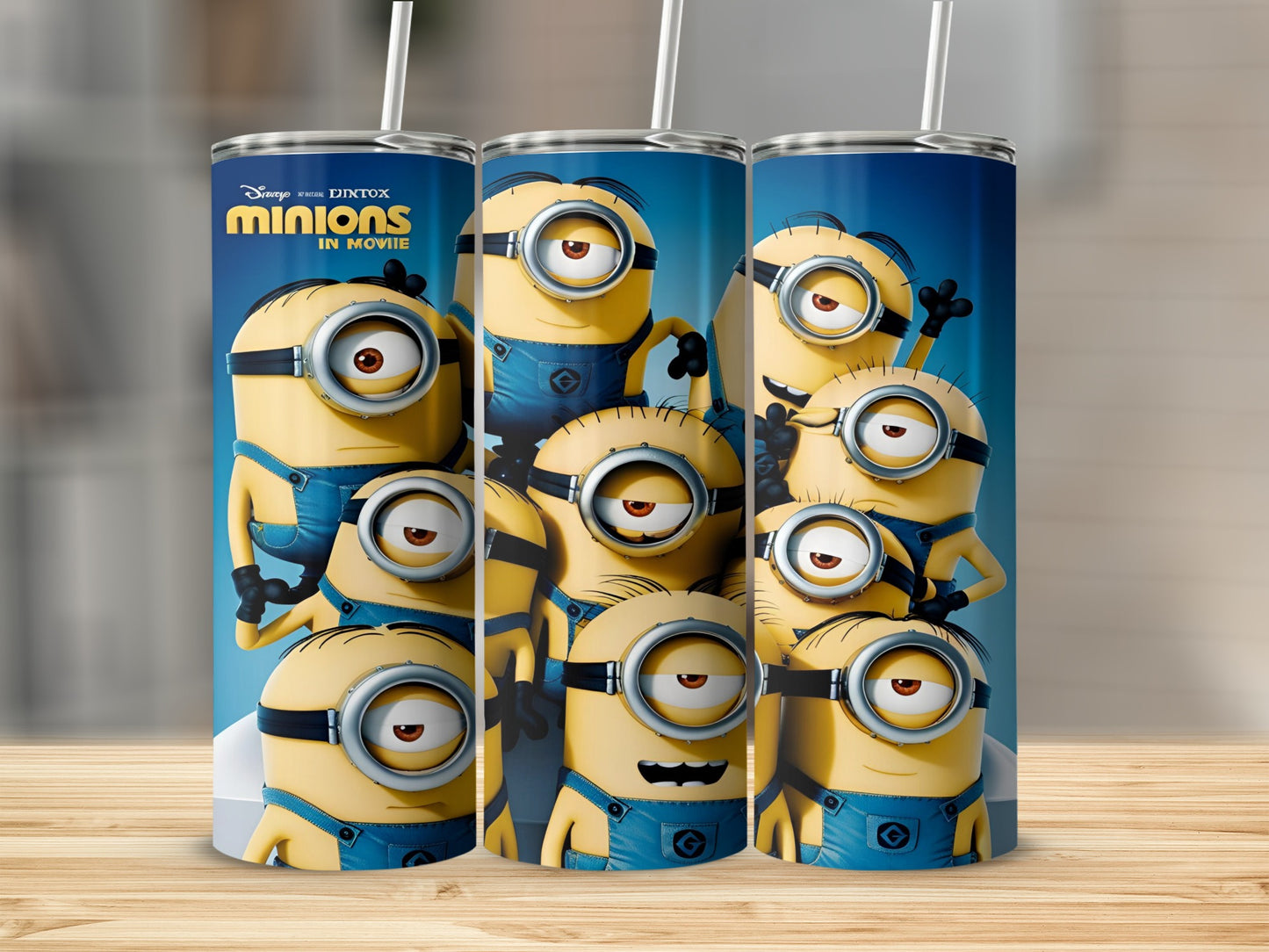 Minions from Despicable Me movie on a blue tumbler with straw.