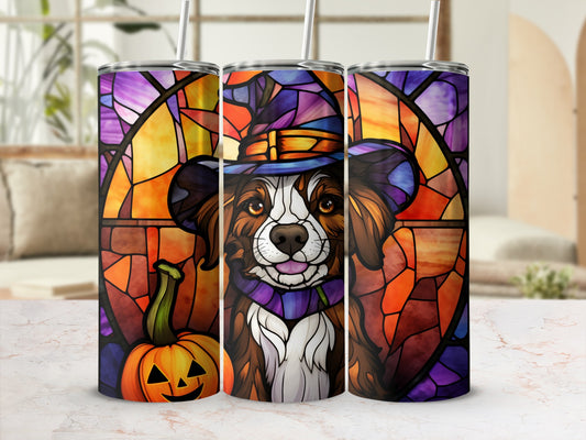 Stained glass dog wearing hat and scarf with pumpkin, Halloween tumbler.