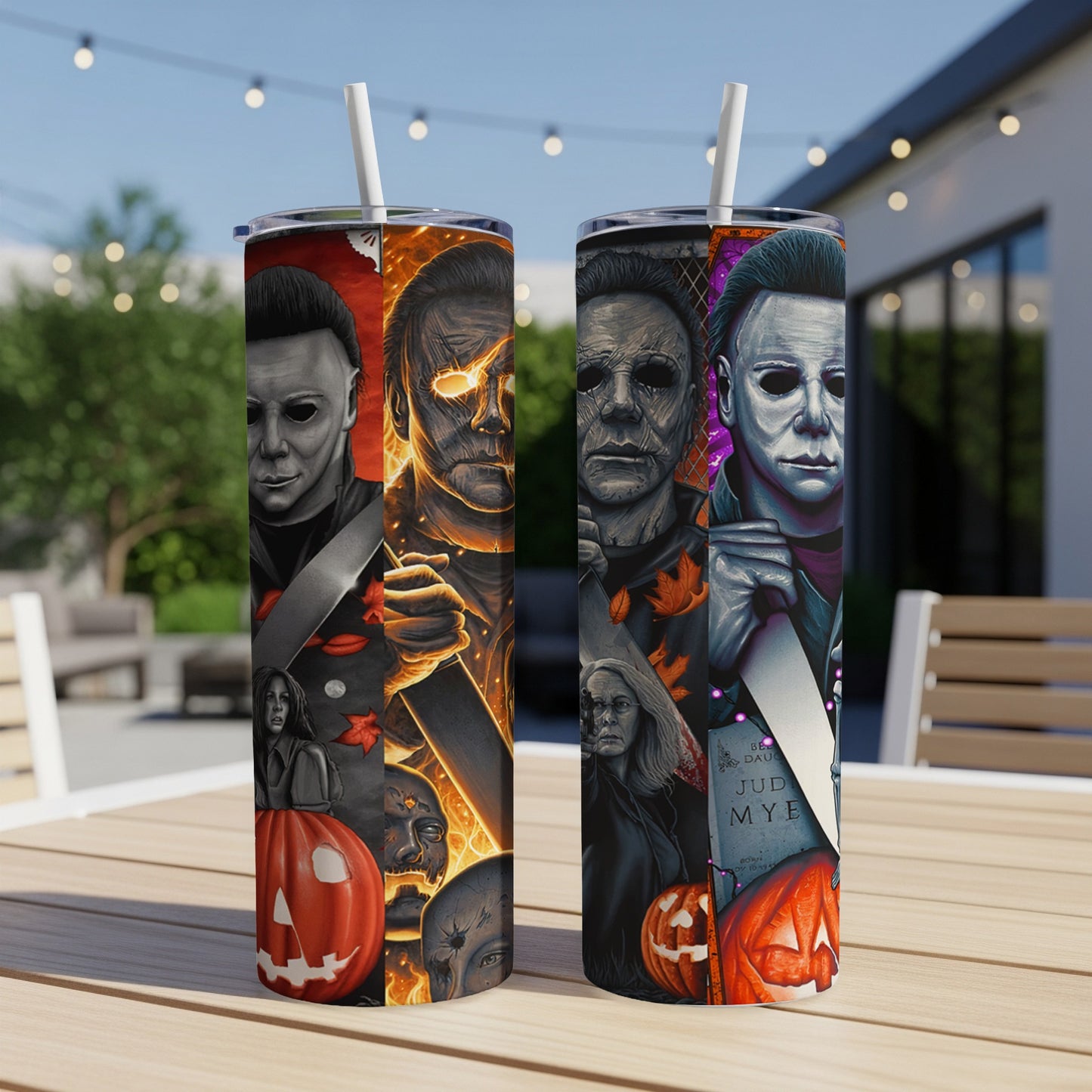 Two tumblers with Michael Myers, pumpkins, and Halloween imagery.
