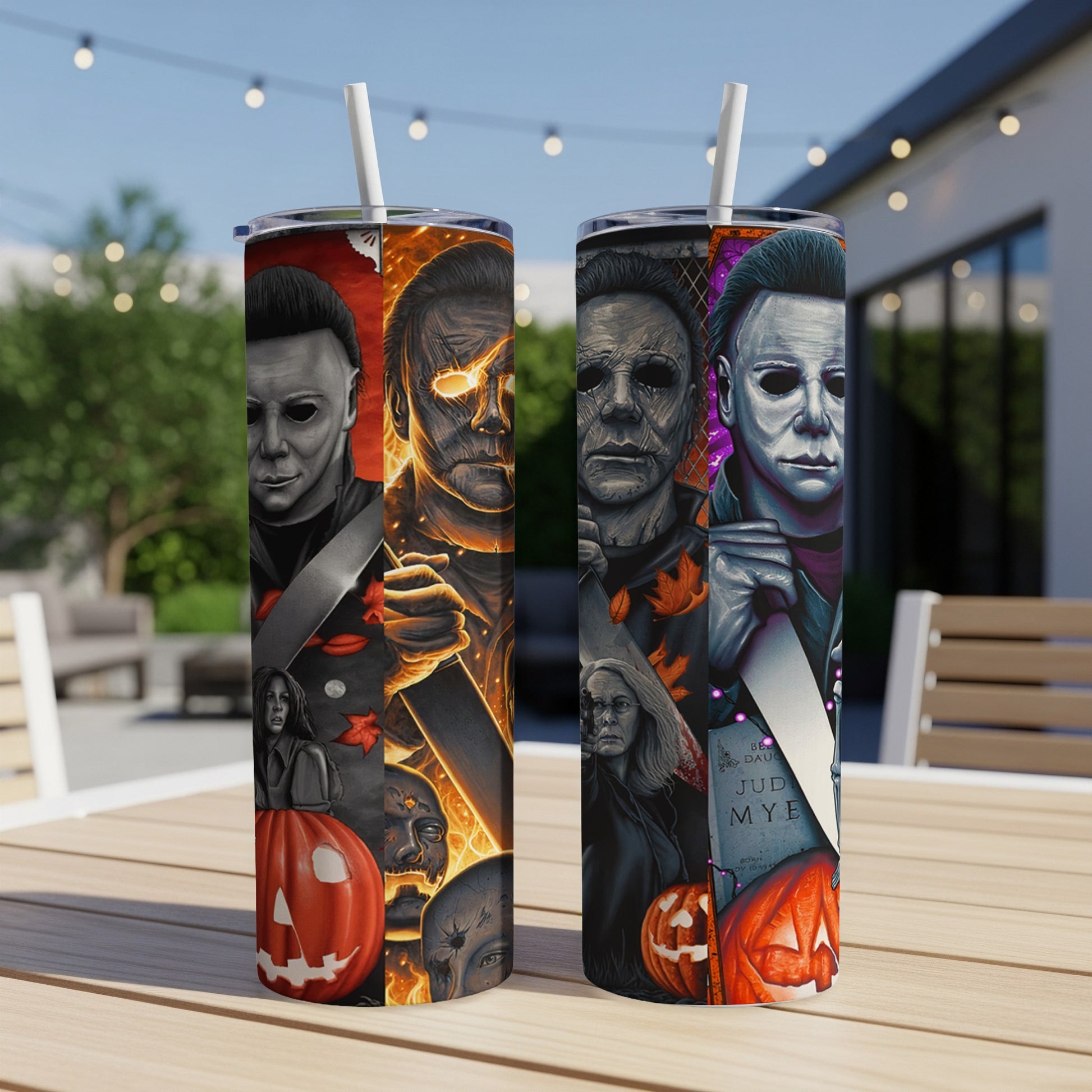 Two tumblers with Michael Myers, pumpkins, and Halloween imagery.