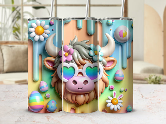 Easter Highland cow with sunglasses and colorful eggs on a pastel background.