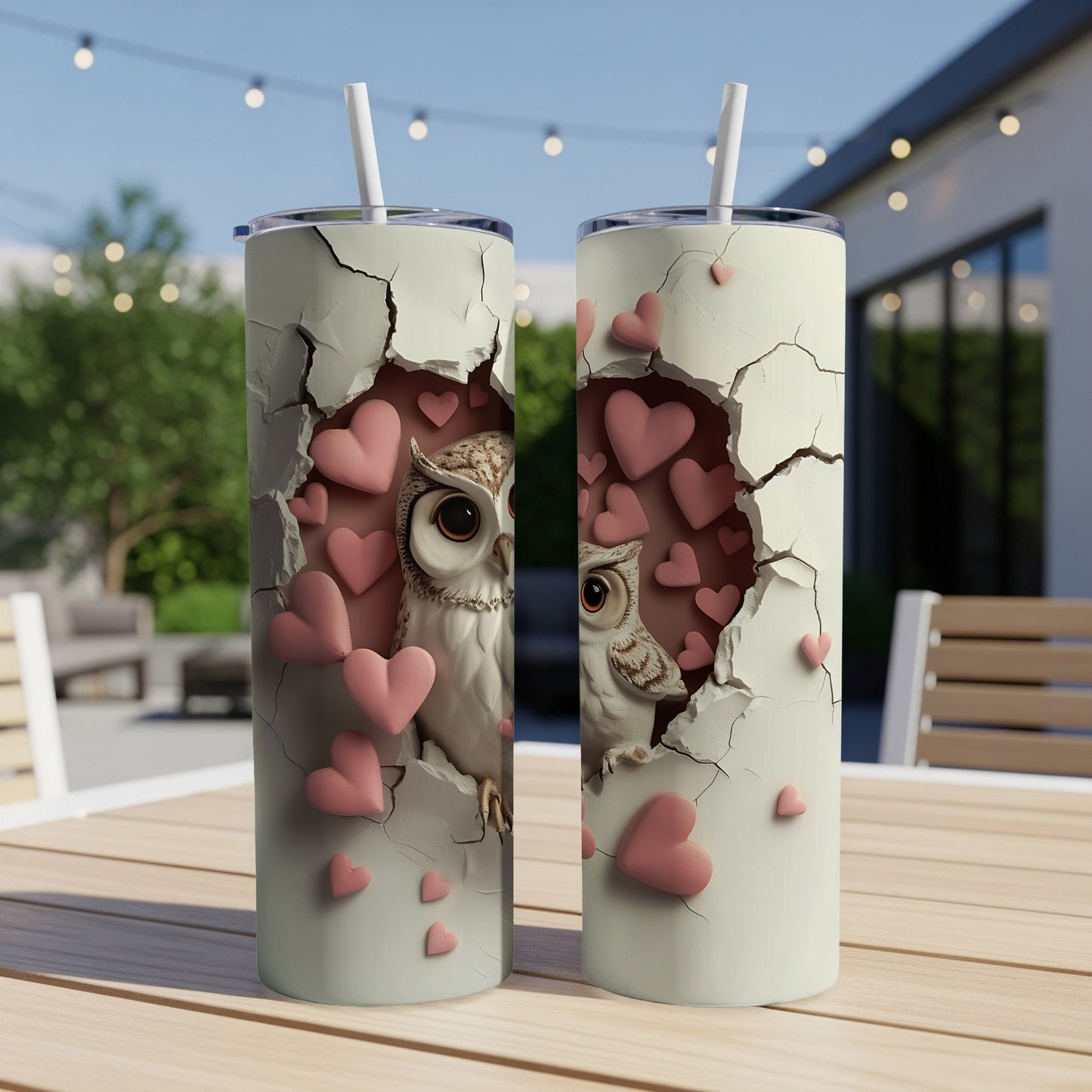 Two tumblers with owl and pink heart design on a patio table.