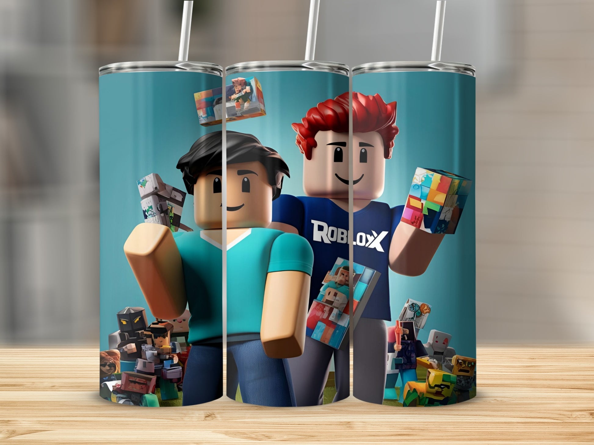 Two Roblox characters holding cubes against a teal background.