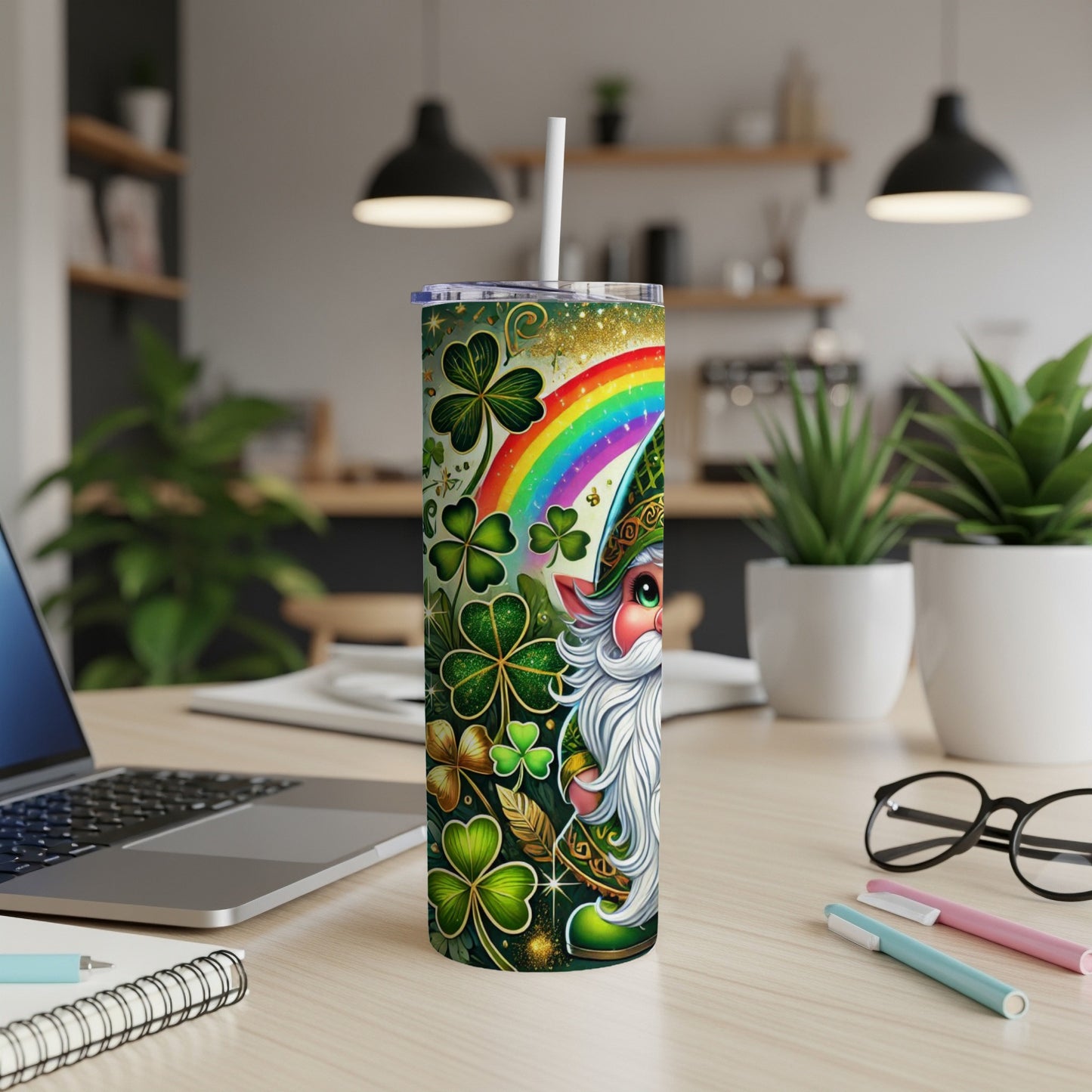Leprechaun and shamrocks pattern on a white tumbler with a straw.