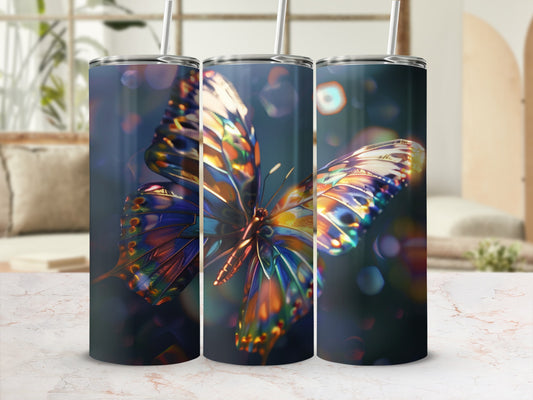 Three tumblers featuring a colorful butterfly design and bokeh background.