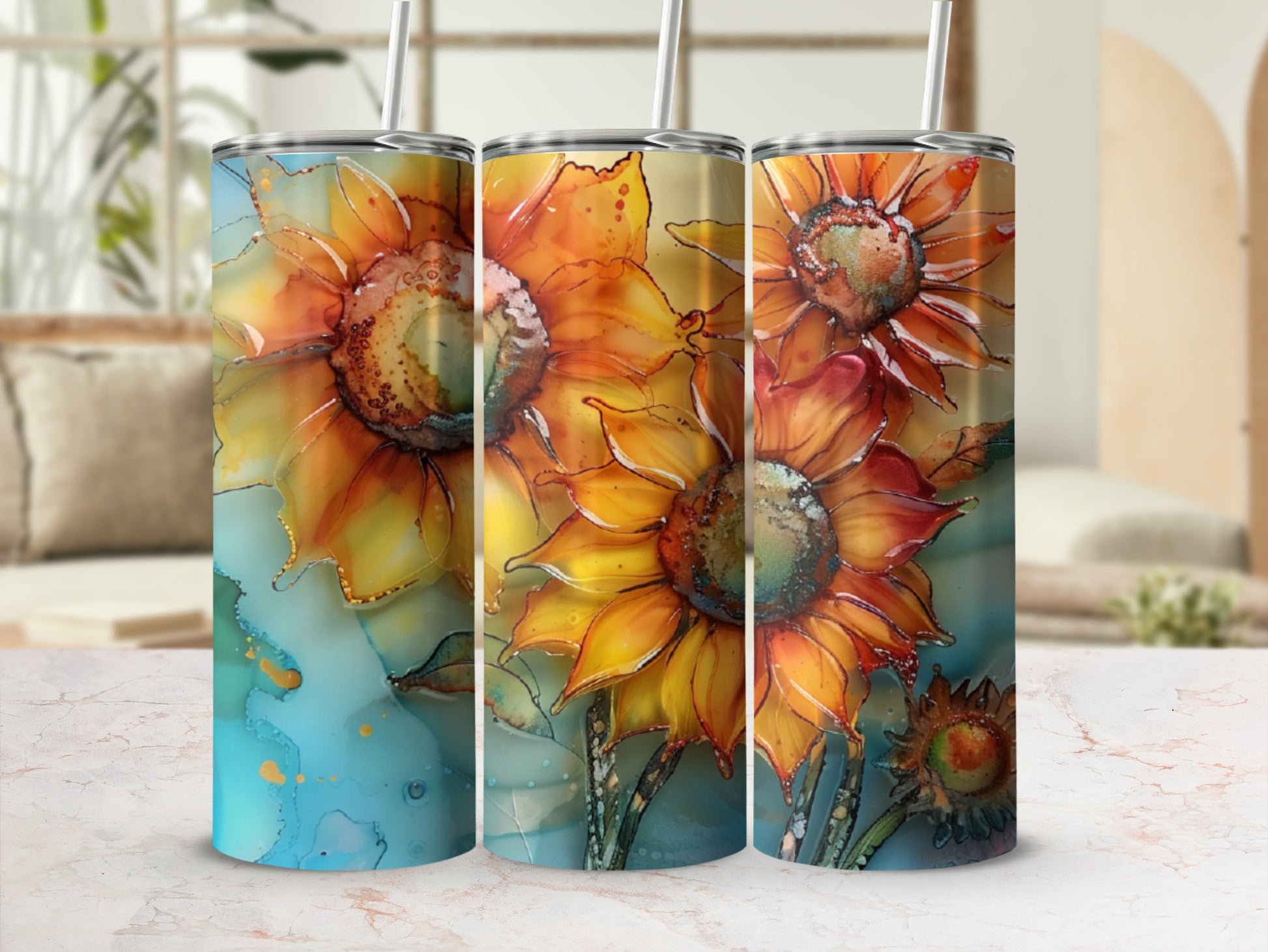 Three tumblers with a vibrant watercolor sunflower design.