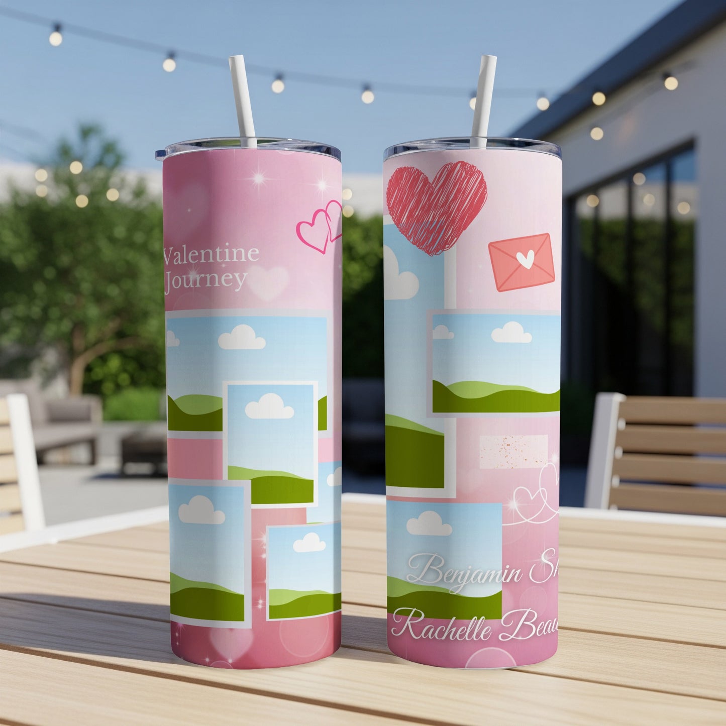 Two pink tumblers with "Valentine Journey" and personalized names "Benjamin S" and "Rachelle Beau".