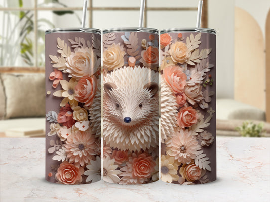 30 oz skinny tumbler with hedgehog and floral design.