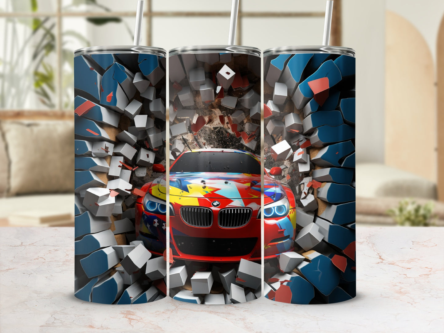 Vibrant Car Crash Breaking Through Design Tumbler Cup