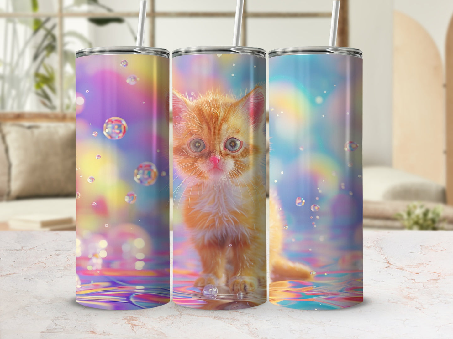 Orange kitten with bubbles and bokeh on a tumbler.