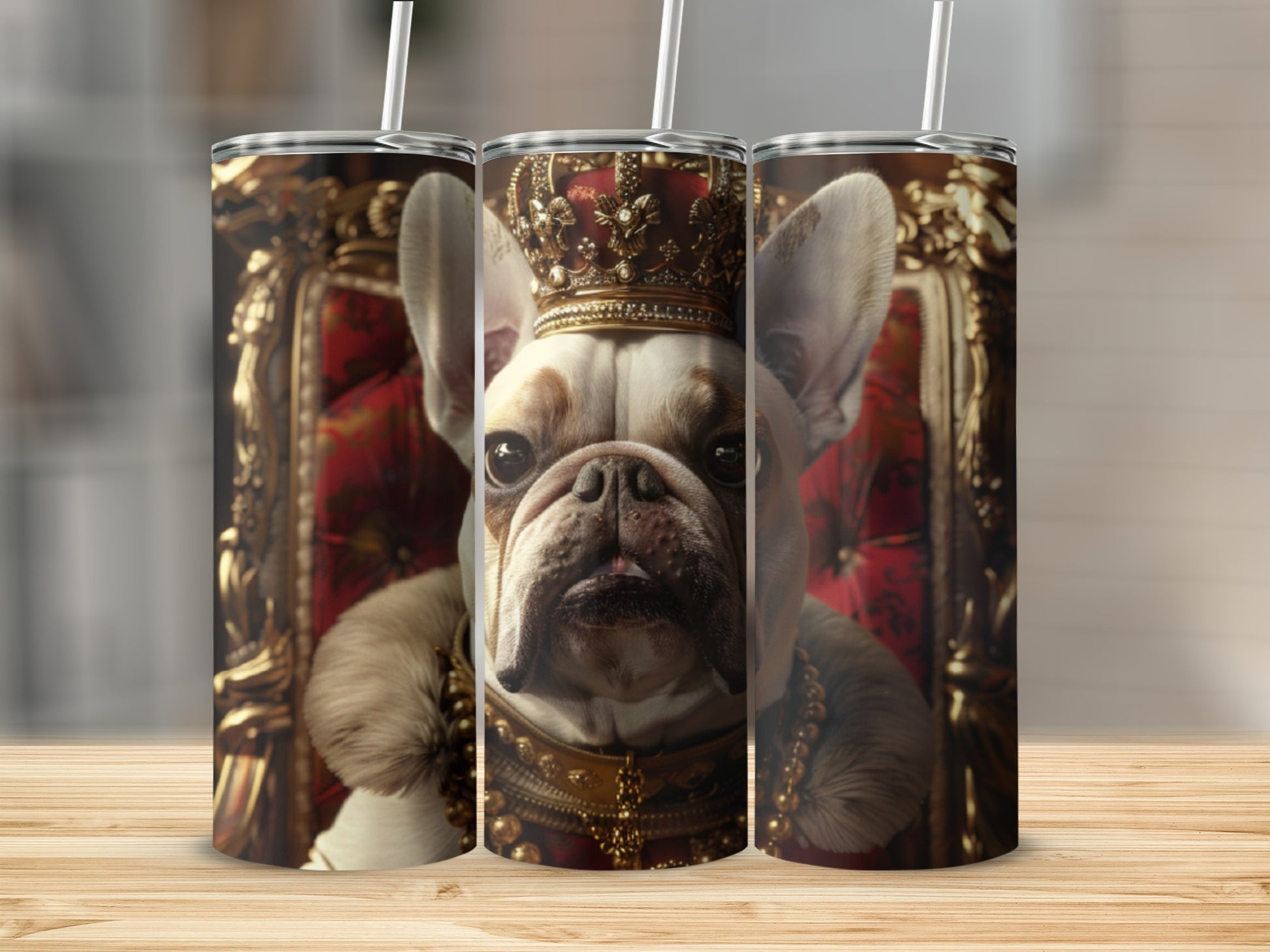 French bulldog in crown and regalia sits on a throne.
