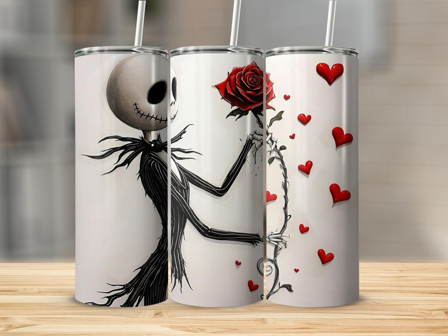 Skeleton Character with Hearts and Rose Design Tumbler