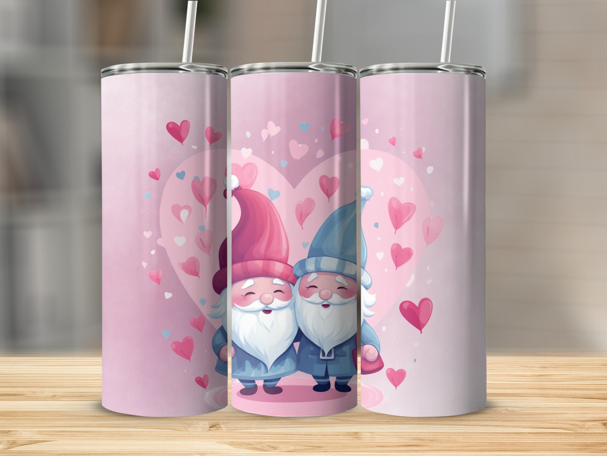 Adorable Gnome Couple with Pink Hearts Tumbler