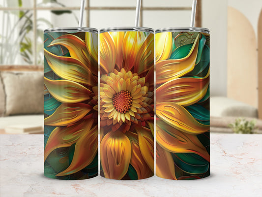 Three tumblers featuring a large, vibrant sunflower design.