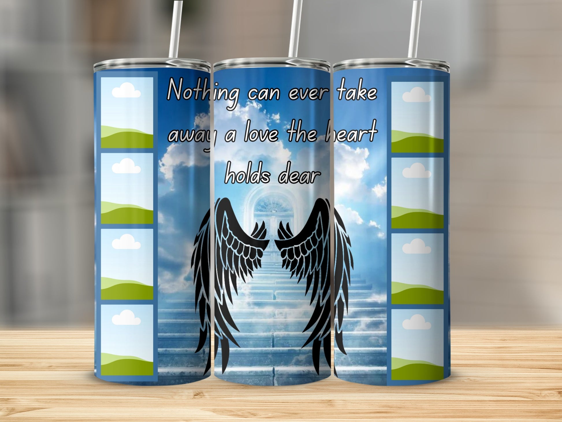 Tumbler with angel wings and stairs to heaven, with text "Nothing can ever take away a love the heart holds dear."