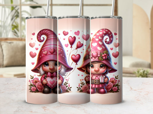 Two pink gnomes with hearts and flowers, one holding a heart.