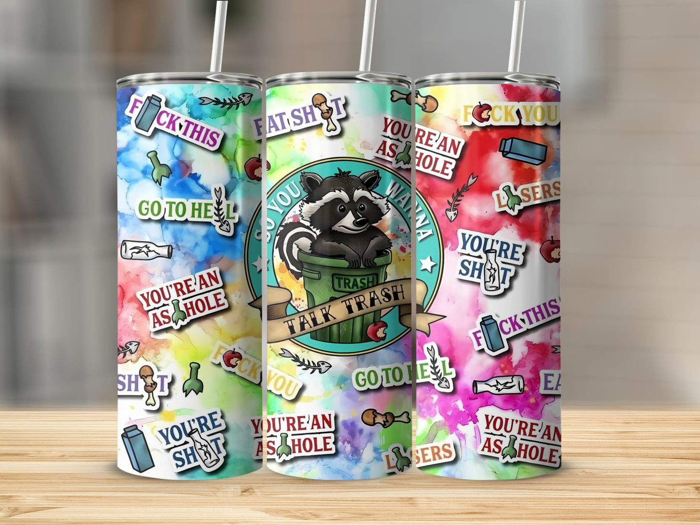 Funny Insulting Raccoon Tumblers with Colorful Designs