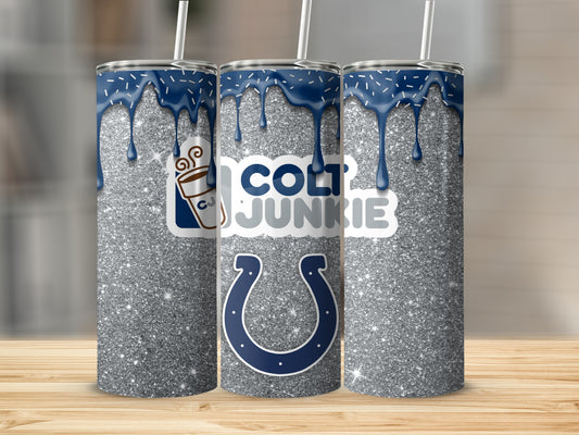 Silver Glitter Blue Drip Colt Junkie Horseshoe Tumbler