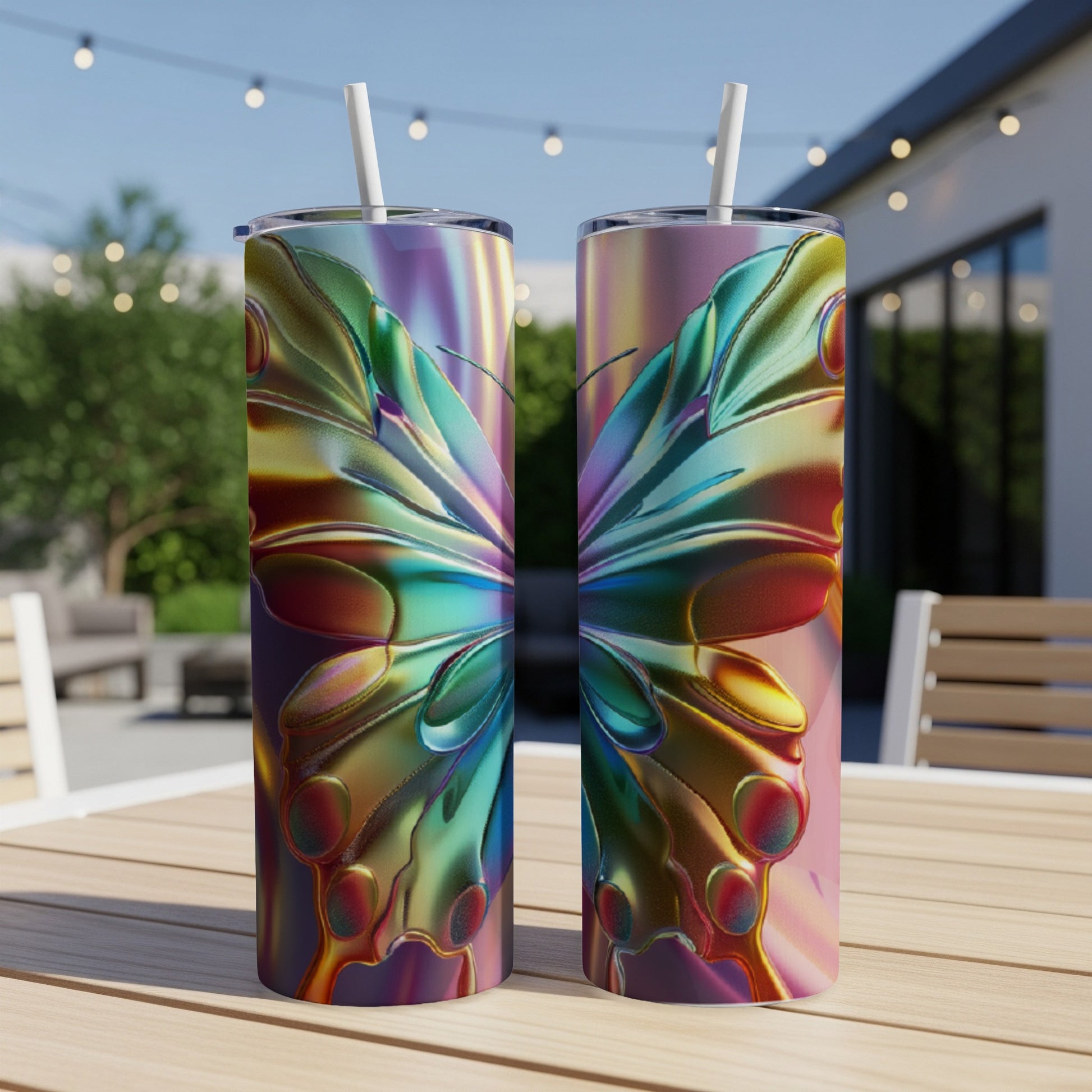 Two iridescent butterfly tumblers with colorful wings sit on a wooden table outdoors.