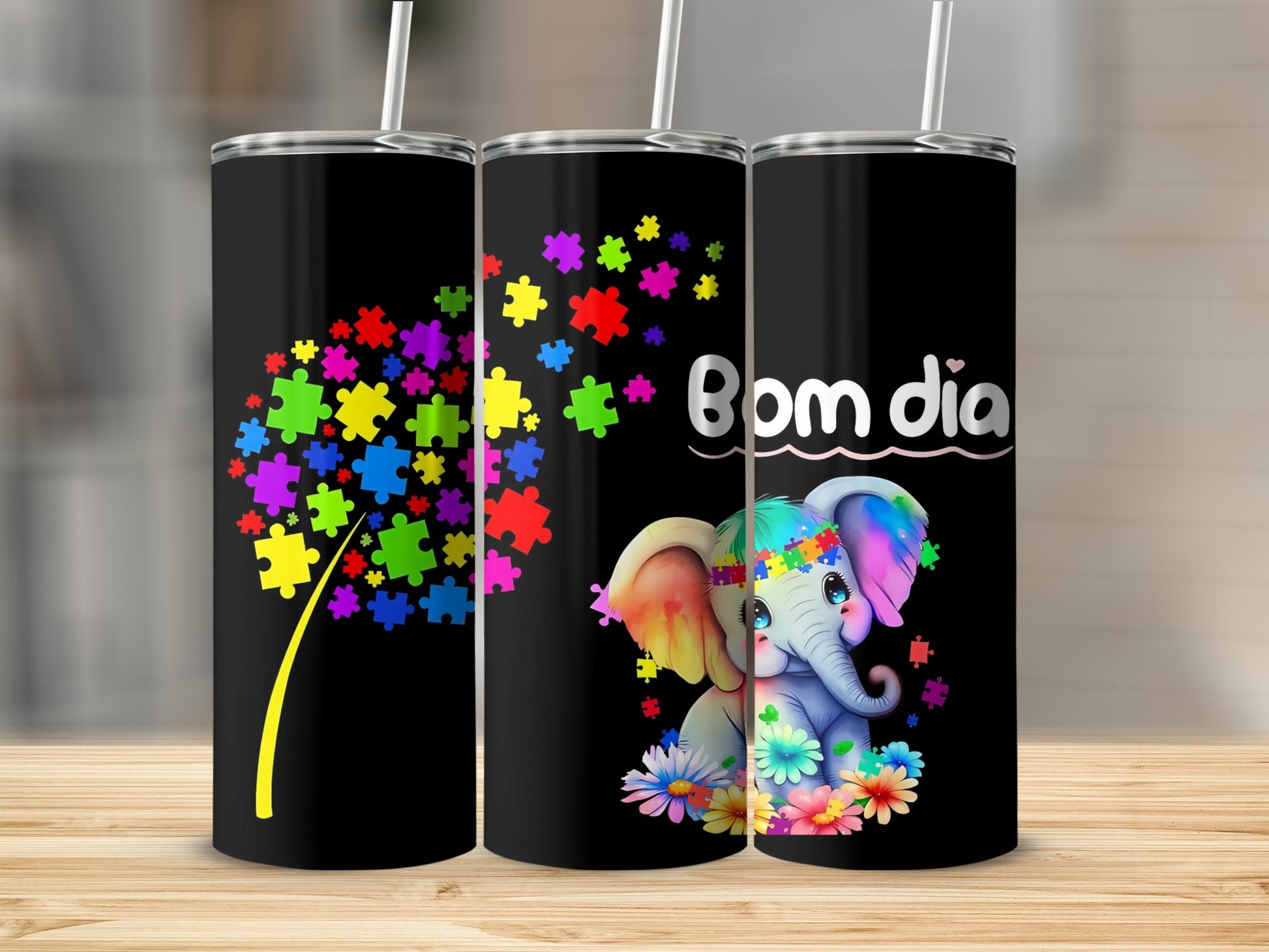 Cute Elephant and Puzzle Tree Bom Dia Tumbler product