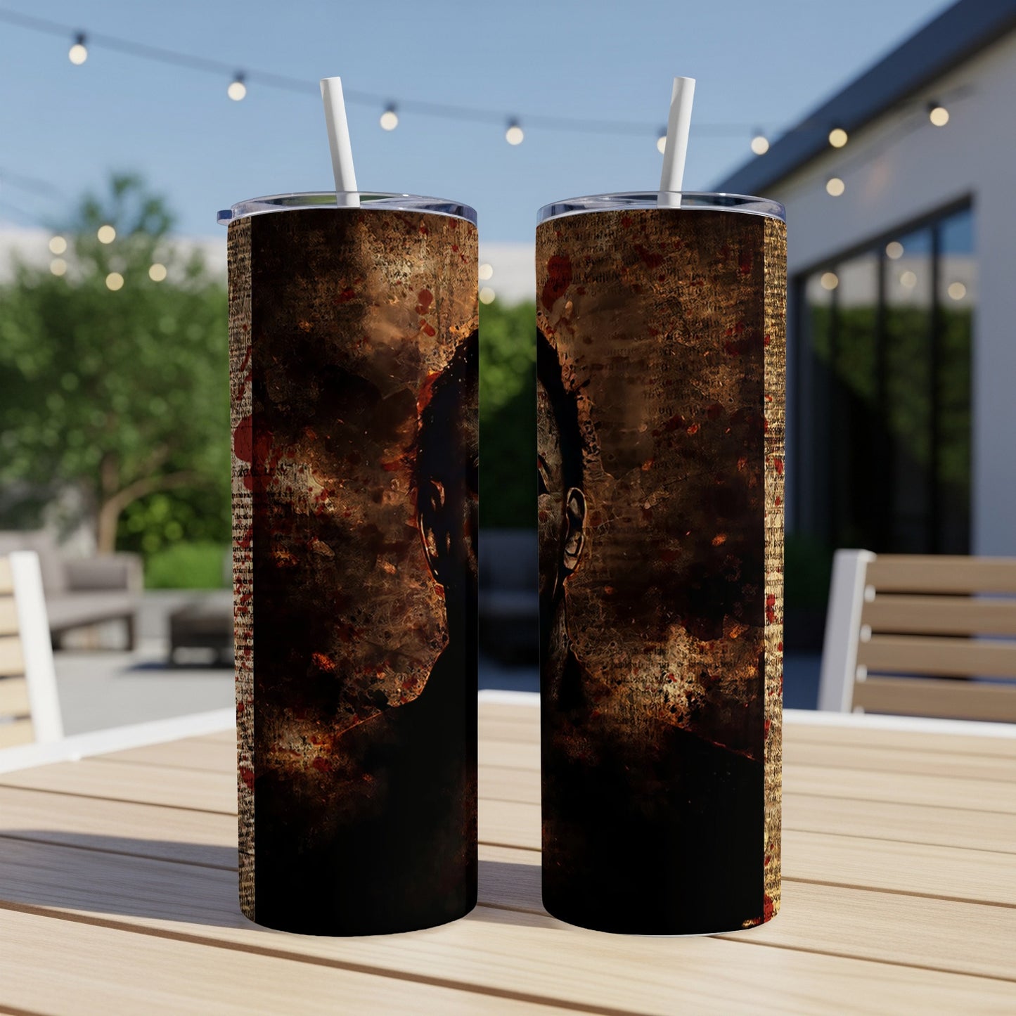 Two tumblers with a dark, distressed design featuring a silhouette and text.