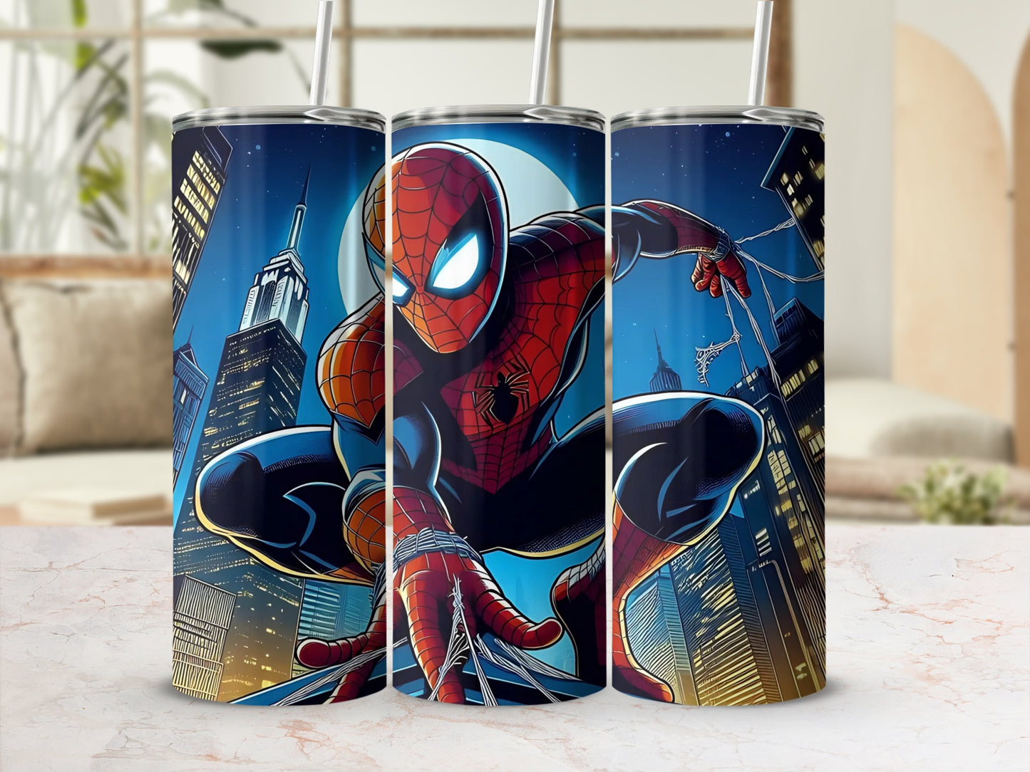 Vibrant Spider-Man Tumbler with Night City Background