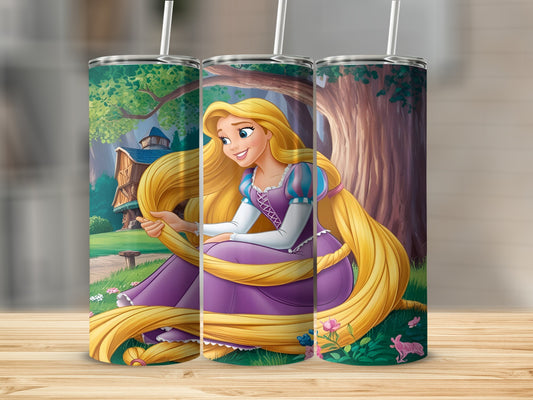 Rapunzel with long blonde hair in a purple dress in a forest setting.