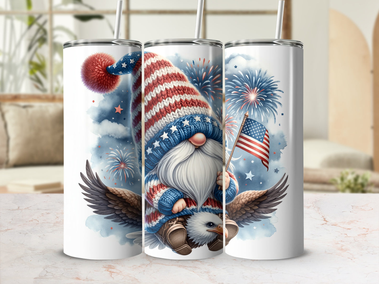 Patriotic gnome with flag on eagle, against fireworks and clouds.