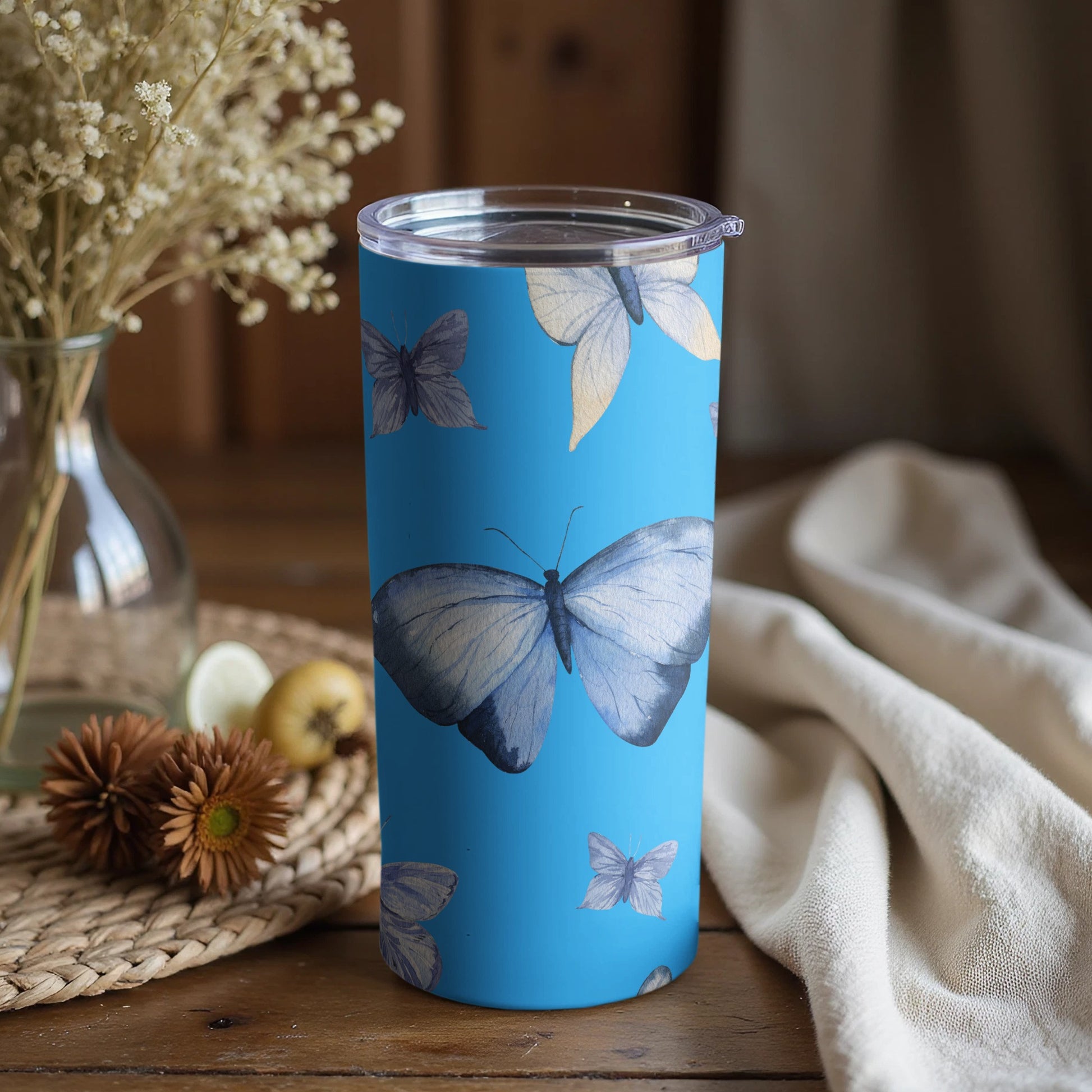 Blue Tumbler with Elegant Butterfly Design