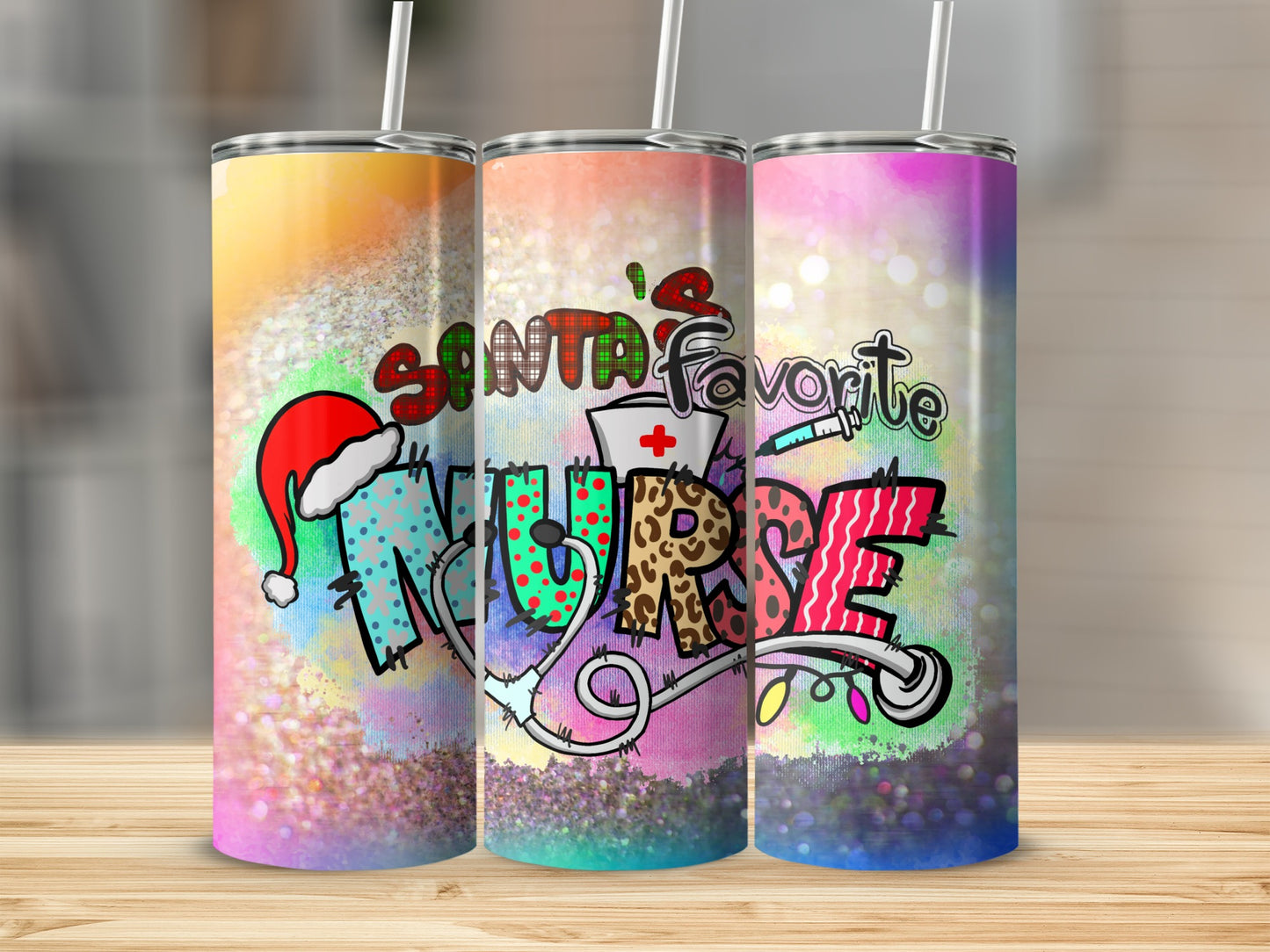 Christmas tumbler with "Santa's Favorite Nurse" design and stethoscope.