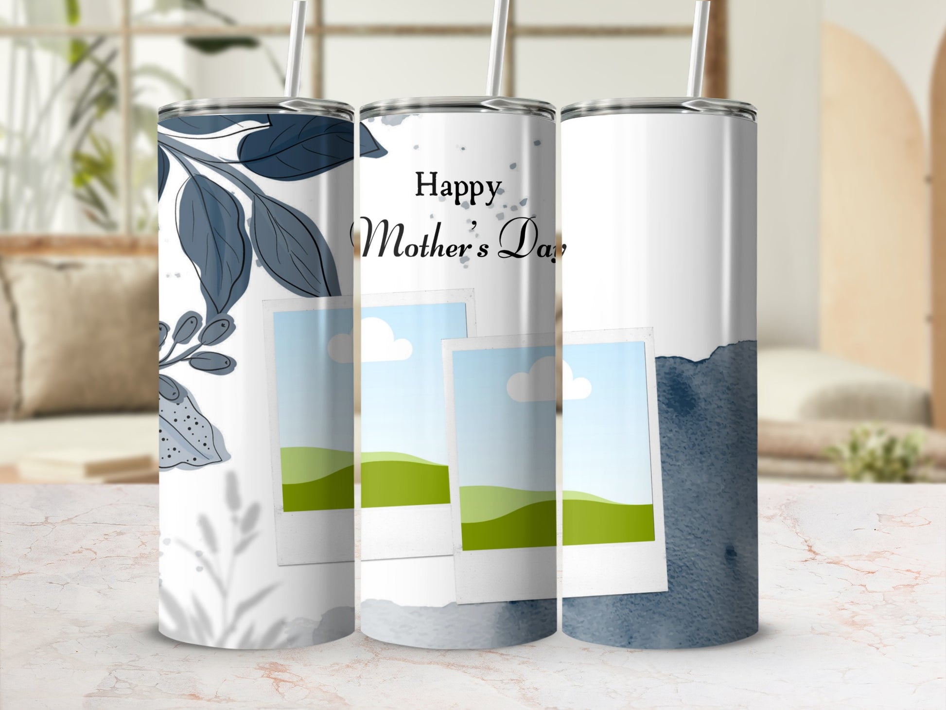 Three tumblers with floral design and "Happy Mother's Day" text.