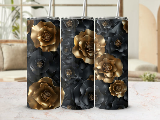 Three tumblers with black and gold floral design.