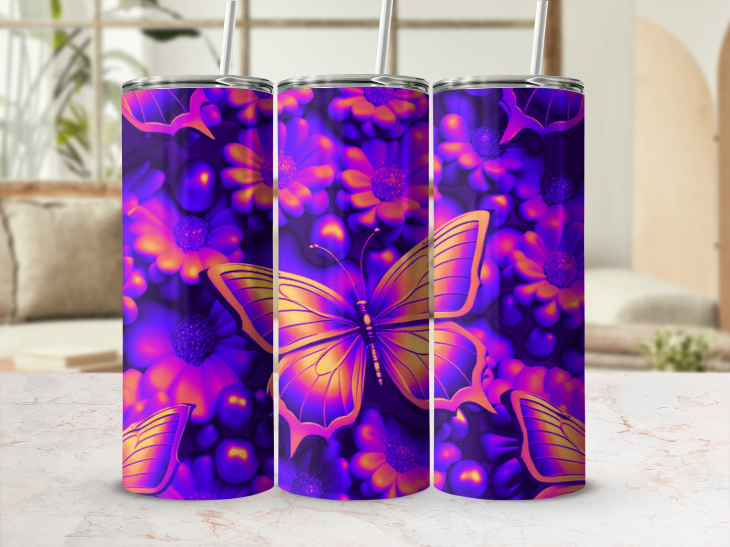 Purple and gold floral tumbler with butterfly design.