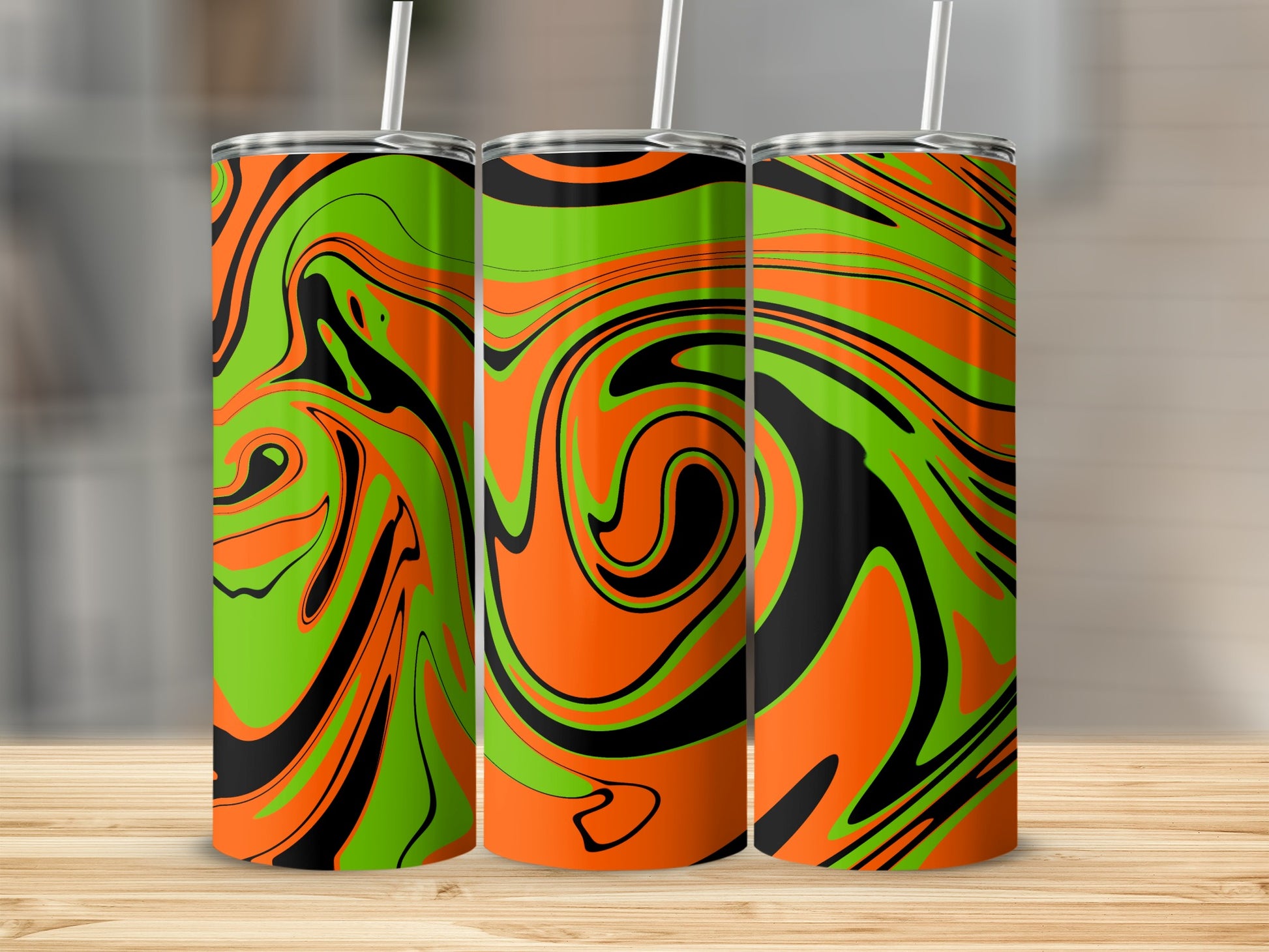 Vibrant Orange Green Swirl Design Stainless Tumbler