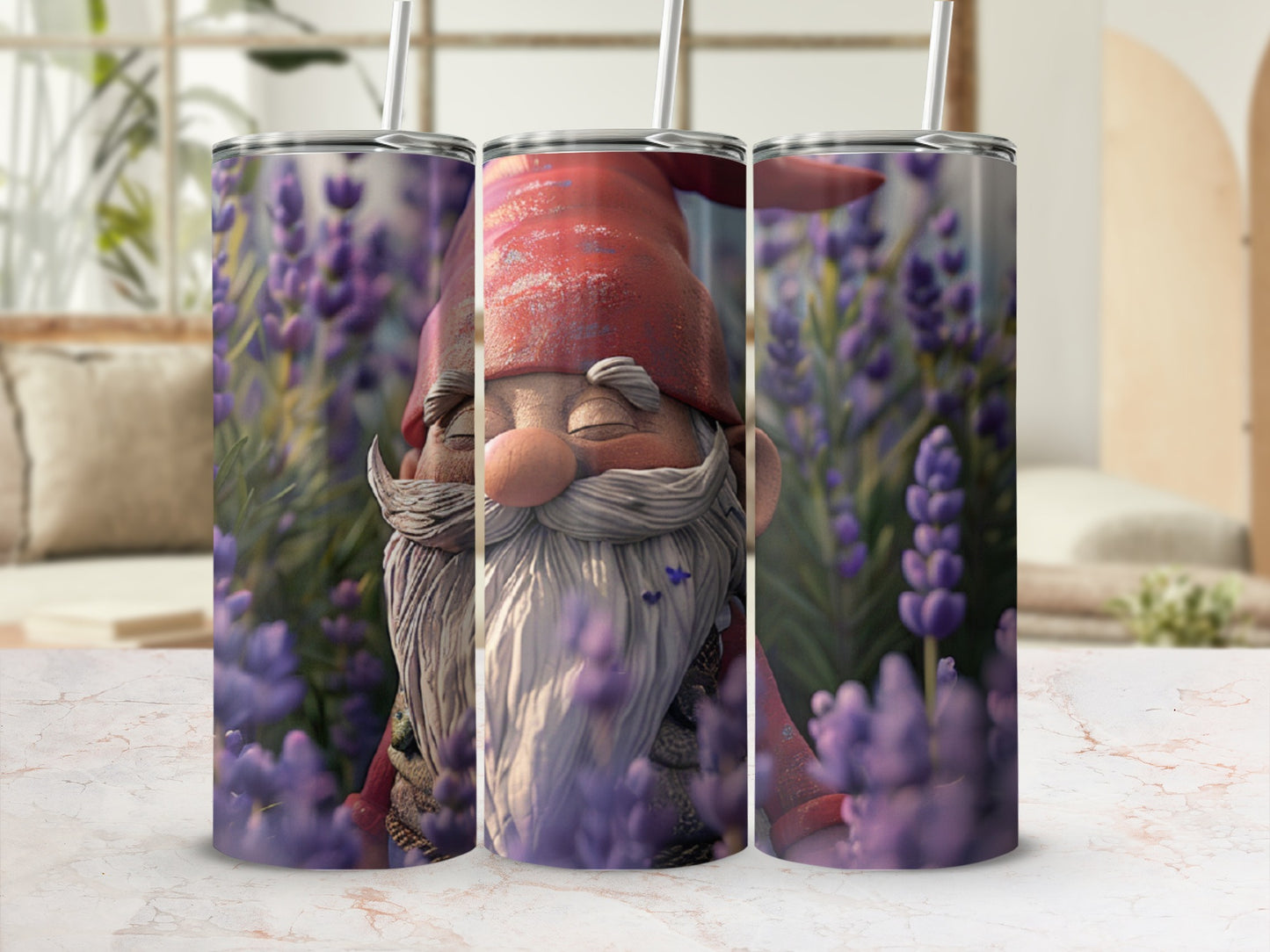 Gnome with closed eyes and red hat among purple flowers.