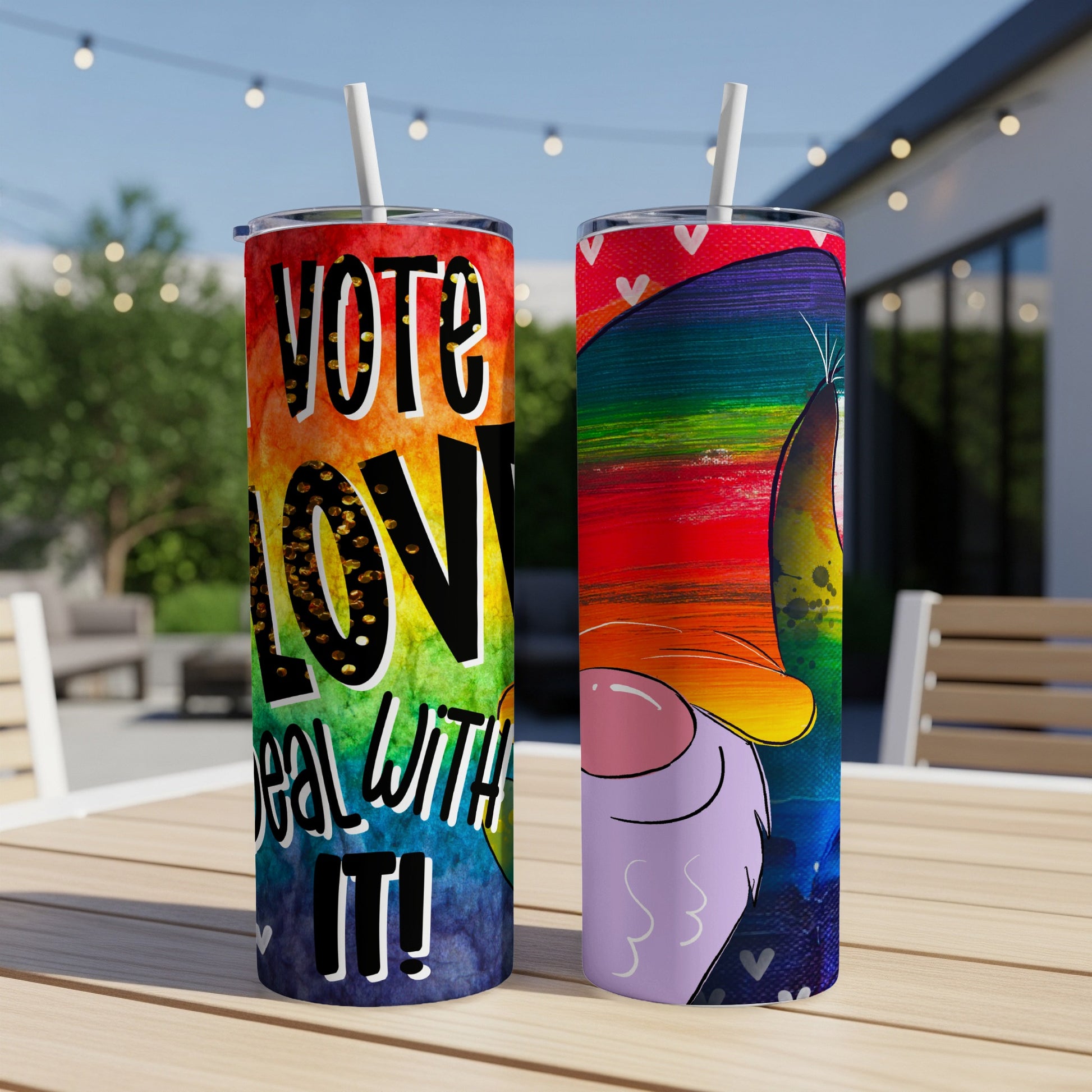 Rainbow gnome design on two tumblers with "VOTE LOVE DEAL WITH IT!" text.