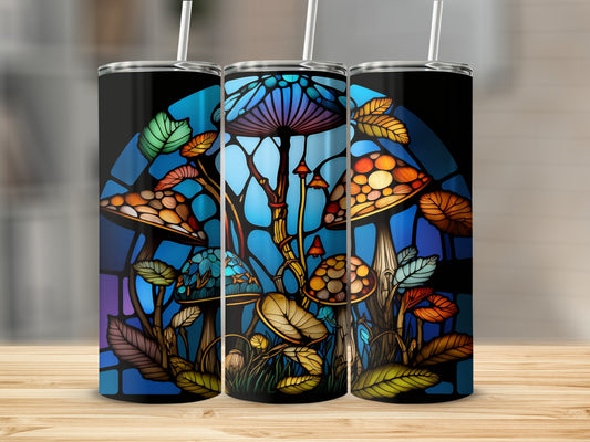 Stained glass mushroom tumbler with iridescent colorful accents.